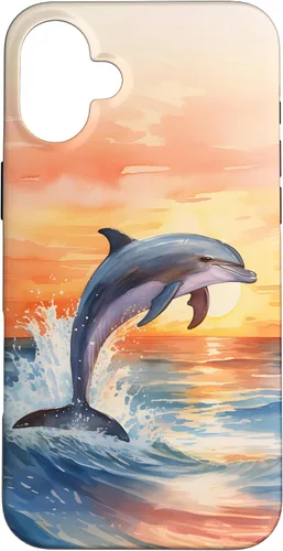 Vista 23 de Dolphin Jumping Sunset Over Ocean Watercolor Art Case for iPhone 17