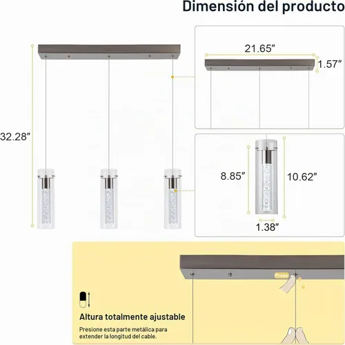 Vista 3 de Luces colgantes para isla de cocina con control remoto, níquel cepillado regulable y cilindro transparente, luces colgantes de cocina de altura