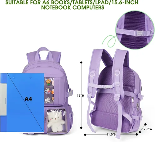 Vista 4 de Mochila Kawaii para niñas, bonita mochila estética para la escuela, mochila Kawaii con accesorios y colgante, Púrpura, Mochilas Tradicionales