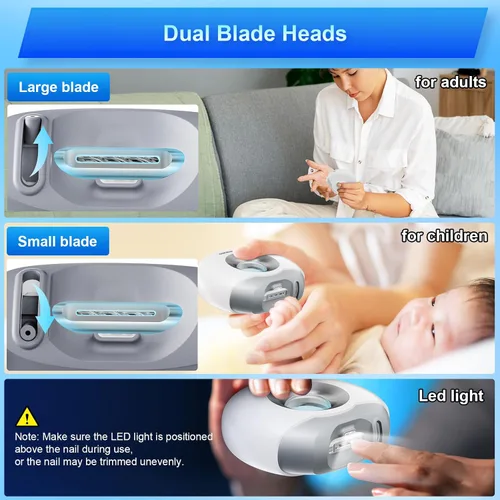 Vista 6 de Cortaúñas eléctrico inteligente con cabezales de doble hoja, luz LED, recortador automático de uñas, cortador de uñas y molinillo para uñas, seguro