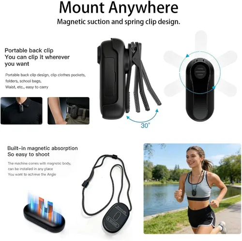Vista 5 de JETO Mini cámara corporal 4K, cámara de acción POV con clip con cordón magnético, clip trasero giratorio, gran angular de 150°, funda impermeable