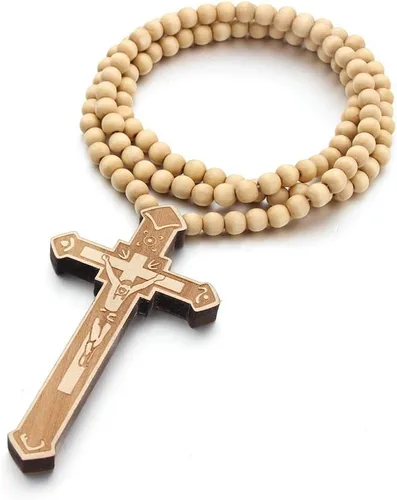 Vista 2 de COLORFUL BLING Cadenas de cuentas de madera natural, collares con colgante de cruz para hombres y mujeres, cristiano, religioso, católico, crucifijo