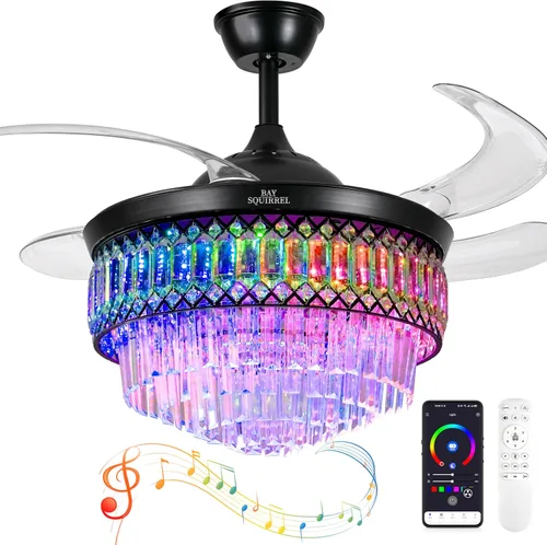 Vista 8 de Ventilador de techo retráctil de cristal con luces, ventilador de techo Bluetooth con altavoz, cuchillas reversibles de 6 velocidades, luz LED RGB