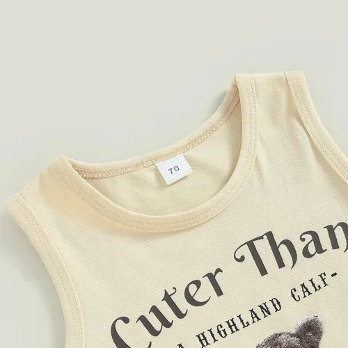 Vista 3 de Gueuusu Ropa de bebé occidental para niño, camiseta sin mangas con estampado de vaca de las tierras altas para niños pequeños, conjunto