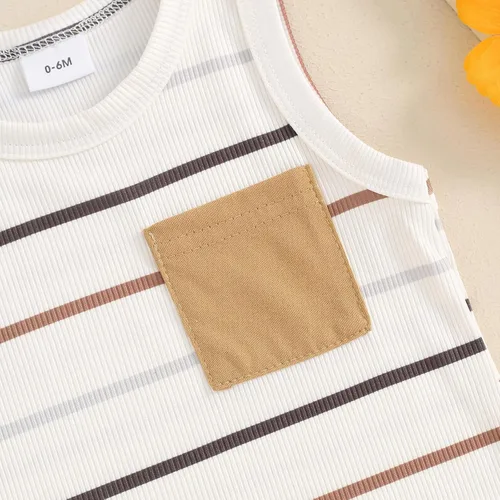 Vista 75 de Ropa de bebé niño sin mangas + pantalones cortos con estampado a rayas con bolsillos, 2 piezas de trajes de verano