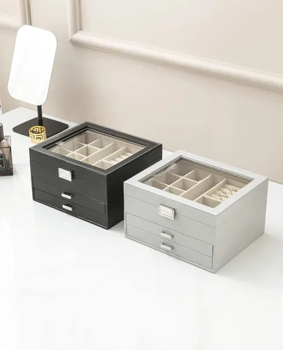 Vista 7 de AOSIFIEL Joyero de 3 capas organizador de joyas con tapa de cristal transparente, joyero para mujeres, adolescentes y niños, caja de almacenamiento
