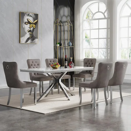 Vista 50 de Juego de 5 mesas de comedor, juego de mesa de cocina y comedor para 4, mesa de cocina rectangular de mármol sintético blanco de 47 pulgadas con base