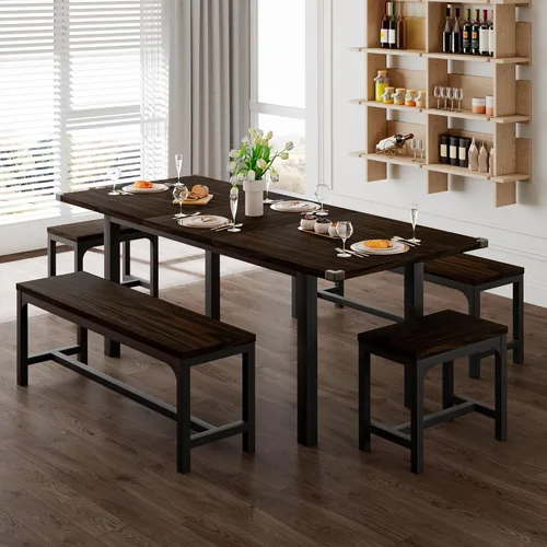 Vista 13 de Feonase Juego de mesa de comedor de 5 piezas para 4-8 personas, juego de mesa de cocina grande extensible de 63 pulgadas con 2 bancos y 2 taburetes