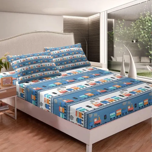 Vista 3 de Erosebridal Juego de sábanas para cama de camión, diseño de tren de dibujos animados, tamaño individual, para niños, sábanas bajeras con estampado