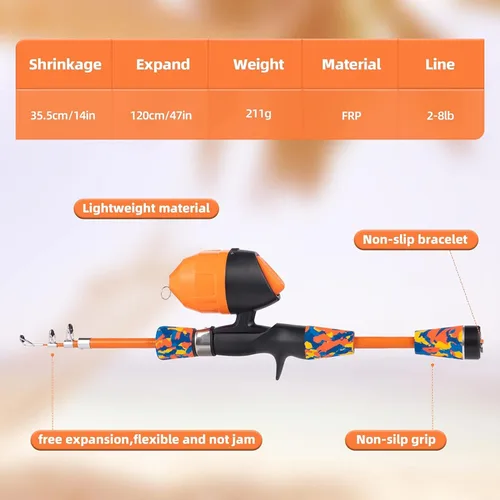 Vista 3 de Juego de caña de pescar para niños, caña de pescar telescópica portátil y carrete combo completo para niños, niñas, principiantes, jóvenes