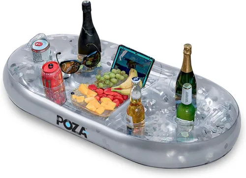 Vista 8 de POZA Hielera flotante inflable dorada – Lujoso soporte para bebidas relleno de confeti brillante, flotador de fiesta premium con 8 soportes, barra