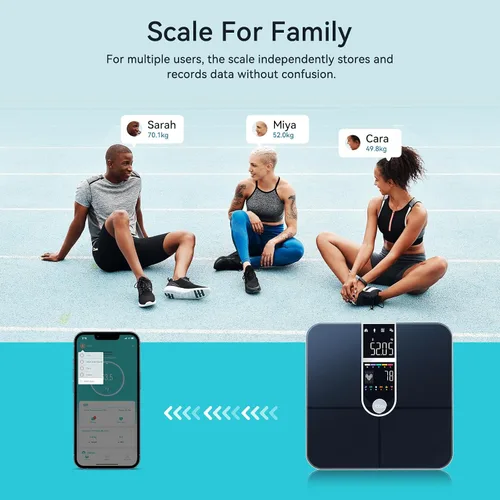 Vista 6 de Báscula inteligente para peso corporal, pantalla doble, báscula digital de baño de alta precisión, analiza 17 métricas de composición corporal
