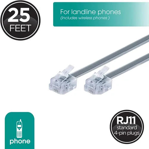 Vista 2 de Power Gear Cable de línea telefónica, paquete de 2, 25 pies, cable telefónico, extremos modulares, funciona para teléfono, módem o máquina de fax