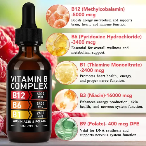Vista 8 de Complejo de vitamina B, vitaminas orgánicas del complejo B para mujeres, líquido complejo de vitamina B, vitamina B12 metilcobalamina, b6, B1, B9