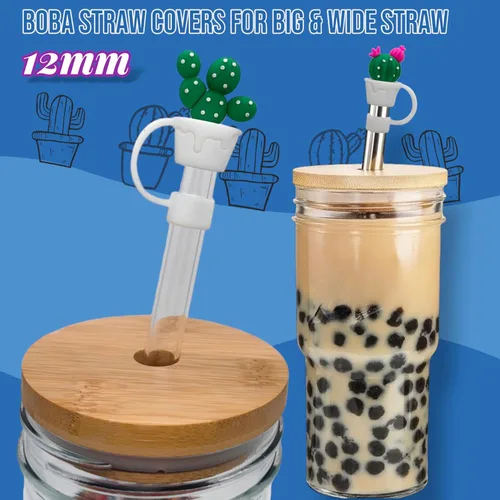 Vista 6 de 4 fundas grandes para pajitas Boba, 0.472 in y 0.551 in, puntas de paja de silicona jumbo para pajitas de vidrio Boba anchas y grandes