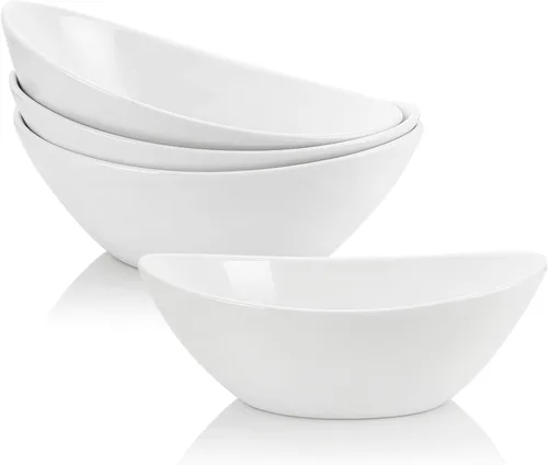 Vista 2 de Lawei Paquete de 4 cuencos de porcelana de 9 pulgadas, cuencos ovalados de cerámica de 36 onzas, platos grandes para ensaladas, espaguetis, postres