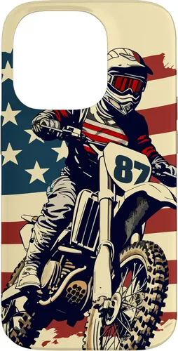 Vista 17 de Funda vintage para iPhone 16 Motocross Rider Dirt Bike con bandera estadounidense