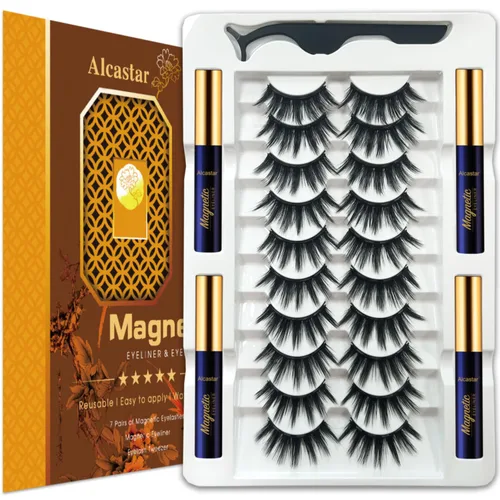 Vista 11 de Alcastar - Kit de pestañas magnéticas, pestañas esponjosas de la misma densidad, juego de delineador magnético impermeable, pestañas de ojos Negro