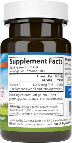 Vista 2 de Carlson Vitamina A, 10000 UI (3000 mcg RAE), Visión Health, 100 cápsulas blandas Promueve una visión y piel saludables