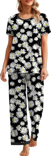Vista 4 de PrinStory Conjunto de pijama de manga corta para mujer, pijama suave con bolsillos 2023