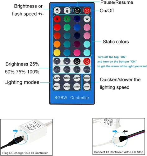 Vista 2 de SUPERNIGHT RGBW - Tira de luz LED control remoto, atenuador para RGB+luz de tira blanca RGBWW, control remoto inalámbrico IR de 40 teclas para luces
