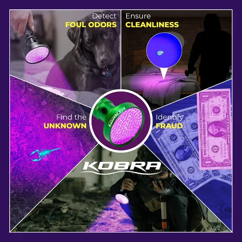 Vista 6 de Linterna de luz negra UV Kobra - 100 LED Luz UV portátil y luz negra para detección de orina de mascotas - Inspección de chinches, fugas y dinero