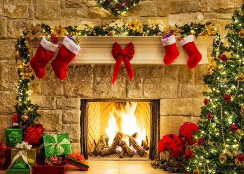 Vista 4 de LB Telones de fondo de chimenea de Navidad para fotografía de 5 x 3 pies, calcetines de árbol de Navidad, regalos de Año Nuevo, para niños