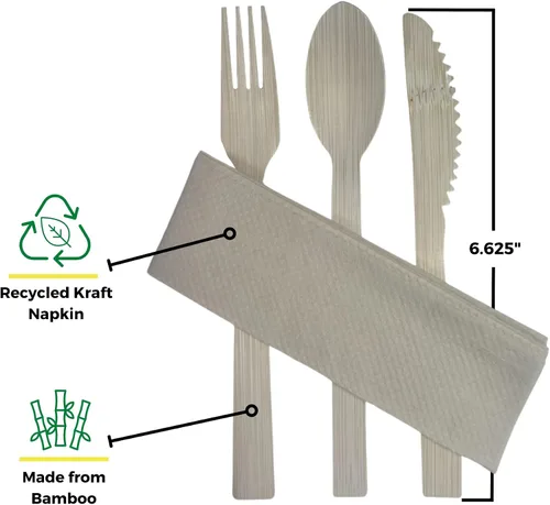 Vista 3 de Juego de cubiertos desechables de bambú envueltos 100 paquetes 1 cuchillo, 1 tenedor, 1 cuchara y 1 servilleta Kraft Utensilios biodegradables