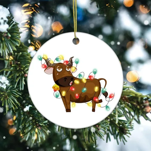 Vista 2 de Cheyan Animales y luces de vaca adorno de Navidad, adorno de árbol de Navidad para decoración del hogar, adorno de porcelana, adorno colgante