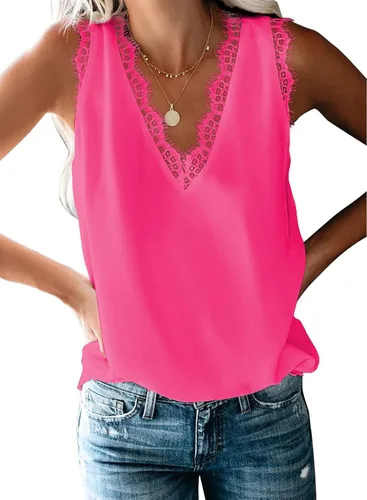 Vista 22 de BLENCOT Camiseta sin mangas con cuello en V para mujer, blusa de encaje, chaleco casual, camisola de verano Albaricoque