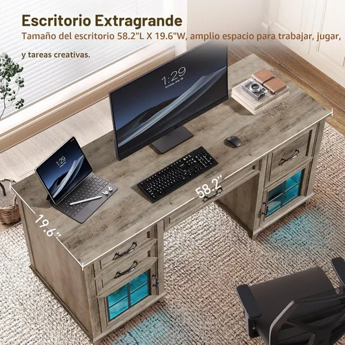 Vista 5 de RALGEND - Escritorio de granja de 58 pulgadas con cajones, escritorio
