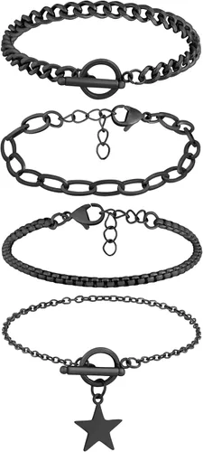 Vista 9 de Sacina Conjunto de pulsera de eslabones de estrella, pulsera gótica Emo Punk Grunge Y2k Plateado