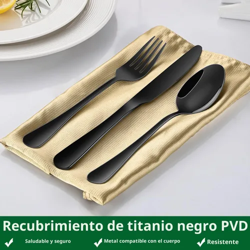 Vista 8 de Juego de 49 piezas de cubiertos de acero inoxidable negro con organizador, juego de cubiertos negros con cuchillos para carne para 8 personas, juego
