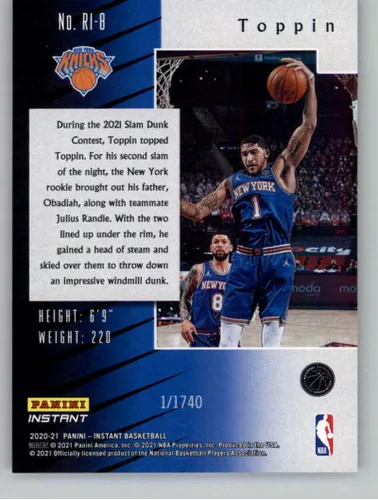 Vista 2 de 2020-21 Panini Instant Rookie Impulse #RI-8 Obi Toppin RC Rookie Card New York Knicks PR-1740 Official NBA Basketball Trading Card in Raw
