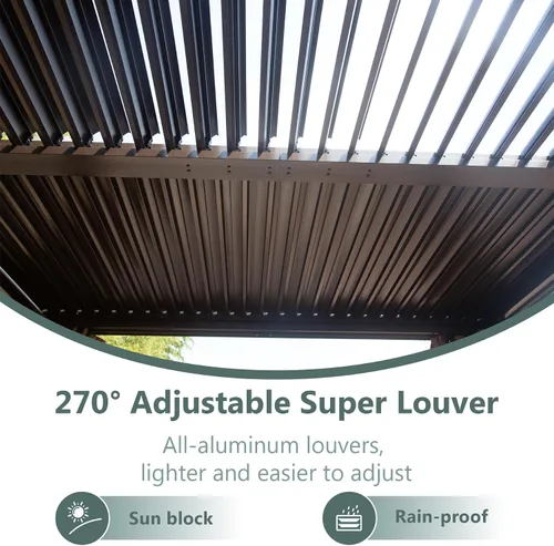 Vista 6 de Domi - Pérgola de aluminio para exteriores de 10 x 10 pulgadas con cortinas y malla Marrón oscuro