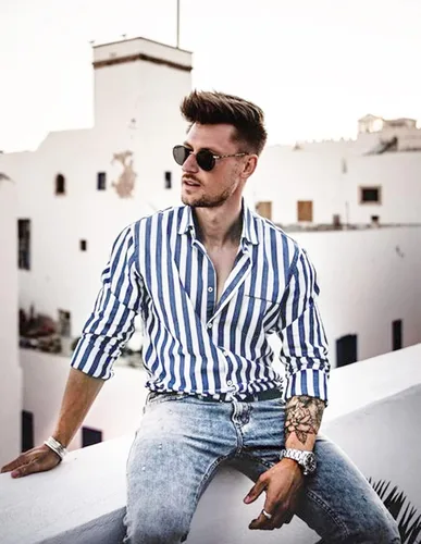 Vista 3 de Gnvviwl Camisas casuales de manga larga con botones para hombre, camisa de vestir de algodón a rayas con bolsillo