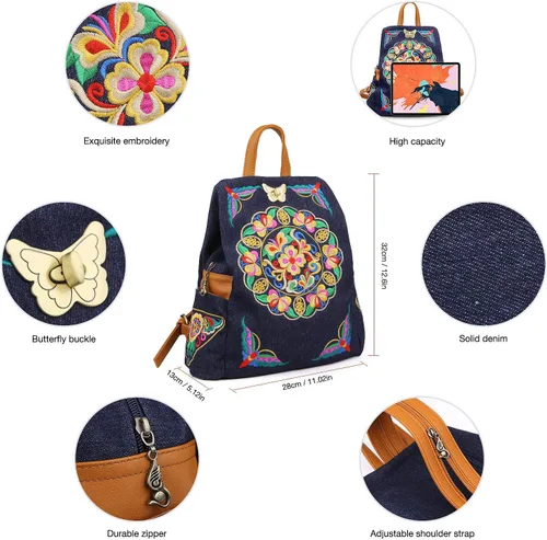 Vista 4 de Denim bordado floral lona mochilas para mujeres antirrobo retro jeans viaje estilo étnico bolso de hombro, MochilaBolso, Unitalla, Jean Azul Marino