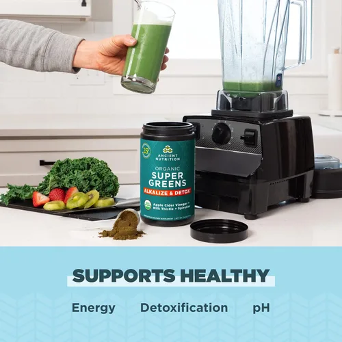 Vista 4 de Ancient Nutrition Supergreens Alkalize & Detox - Polvo de superalimento orgánico hecho de frutas reales, verduras y hierbas, para apoyo digestivo