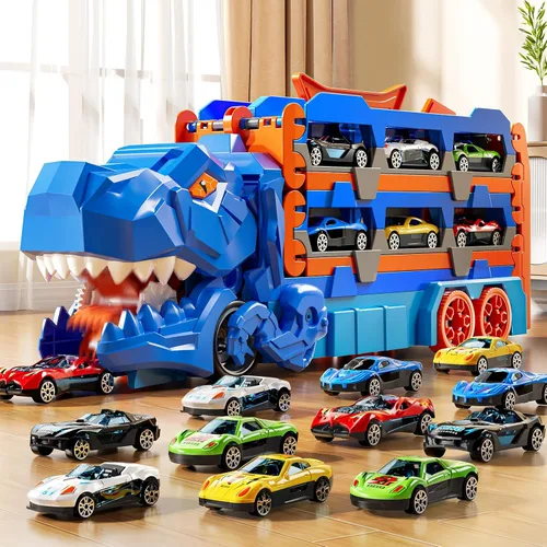 Vista 7 de Camión transportador de dinosaurios de juguete para niños de 3, 4, 5, 6 años, traje de pistas de autos para niños con 12 autos de carreras fundidos