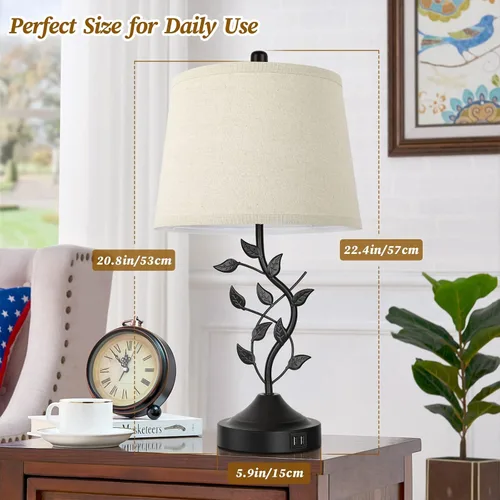 Vista 5 de Lámparas de mesa táctiles regulables de 3 vías para sala de estar, juego de 2 lámparas tradicionales para dormitorio con 2 puertos de carga USB
