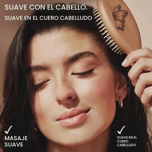 Vista 3 de Cepillo de pelo de madera, cerdas de madera redondeadas, antiestático, fabricado en Alemania Rounded wooden bristles massage the scalp