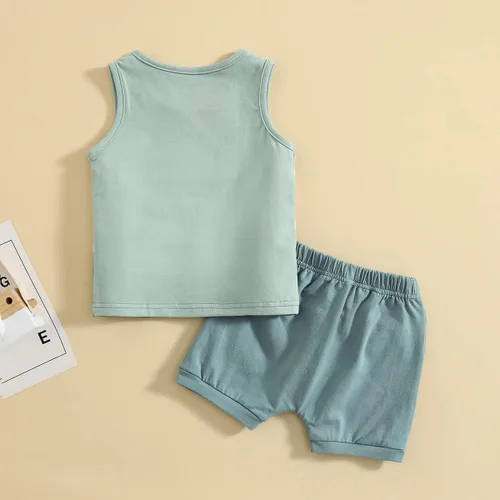 Vista 45 de Conjunto de ropa casual de manga corta con botones y pantalones cortos de lino para bebés y niños pequeños