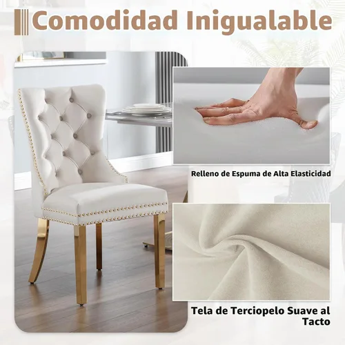Vista 4 de Juego de 2 sillas de comedor, patas de metal dorado, anillo de león sofisticado, color beige Beige (oro)