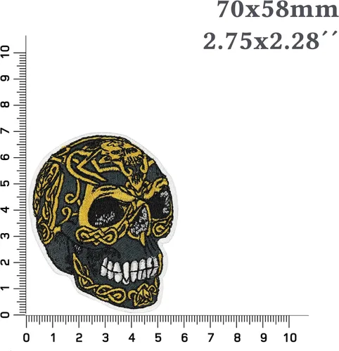 Vista 4 de Parche de calavera piratas Parche termoadhesivo de calavera dorada para todas las telas y cuero, calcomanía de cabeza de calavera para ropa