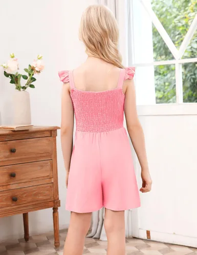 Vista 6 de Mono para niña con volantes, sin mangas, lindo lazo fruncido, pantalones cortos de una pieza, trajes de verano de 3 a 12 años