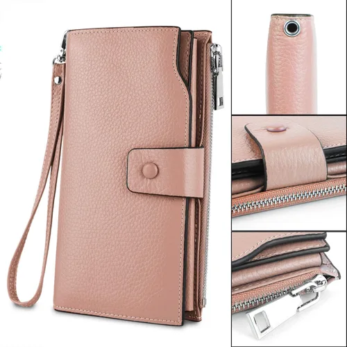 Vista 3 de YALUXE Cartera de piel auténtica para mujer, con bloqueo RFID, tarjetero múltiple con bolsillo para teléfono celular