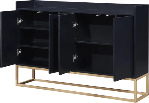 Vista 22 de Aparador moderno de gran espacio de almacenamiento con puerta de ratán artificial, mesa de consola con 4 puertas y estante ajustable, mesa de Blanco