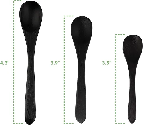 Vista 4 de BambooMN Cucharas de bambú para servir, mini cuchara de azúcar con sal, pequeñas cucharas de madera para especias, ovalada negra de 3.5 pulgadas, 10