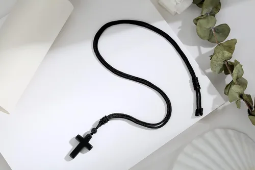 Vista 3 de Collar de cristal de obsidiana, collares de cristales de cruz, cuerda negra, piedra preciosa Reiki, joyería de cuarzo energético para hombres