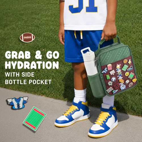 Vista 8 de Fit & Fresh Lonchera personalizable con dije para niños y niñas, lonchera infantil de fútbol con 6 dijes deportivos, bolsa de almuerzo reutilizable